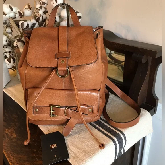 Frye Leather Kayla Knotted Backpack Cognac Nutmeg Brown Retail $458 - Picture 1 of 15